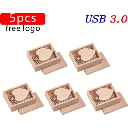 3.0 flash drive Custom free logo 5pcs/Lot Wooden Heart + BOX USB Flash Drives 128GB waterproof U Disk Photography Wedding Gifts