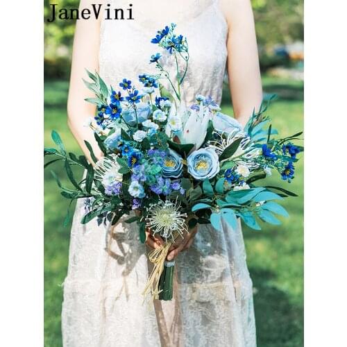 JaneVini Blue Wedding Bouquet Emperor Flower Artificial Bride Flowers Decorative Bridal Hand Bouquet Brooch bukiet sztuczny 2020