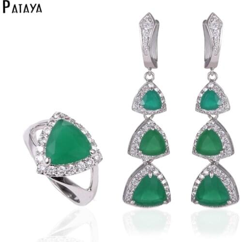 PATAYA Classic Wedding Jewelry Sets True White Gold Green Natural Cubic Zircon Long Earrings Ring Set Fine Costume Jewelry Sets