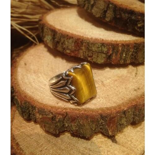 LARGE MIDDLE RECTANGULAR YELLOW STONE CHIC STONE PATTERNED ORNAMENTAL CHARISMATIC RING 925 SILVER Muslim Ring