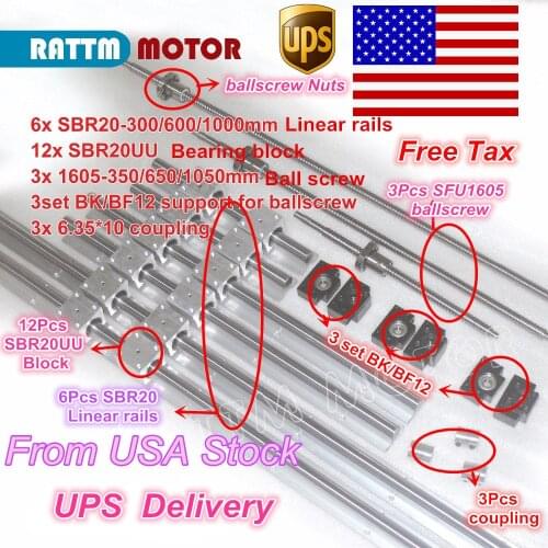 USA ship 3set Ballscrew SFU1605-350/650/1050 &3set BK/BF12 & 3sets SBR20 Linear Guide rails & 3 couplers for CNC Router Milling
