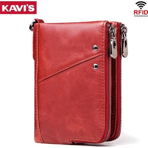 KAVIS Genuine Leather Women Wallet Female Red Rfid Coin Purse Small Walet Portomonee PORTFOLIO Money Bag Lady Mini Card Holder