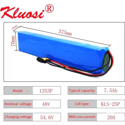 KLUOSI 48V 7.5Ah 8Ah 13S3P 250W 450W 500W 750W 54.6V Lithium Rechargeable Battery Pack Built-in 20A BMS for Scooter Ebike Motor