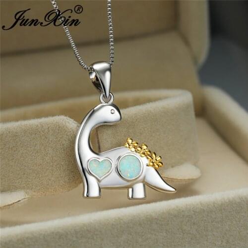 Cute Animal Dinosaur Pendant White Fire Opal Necklaces For Women White Gold Unique Birthstone Wedding Choker Valentine Jewelry
