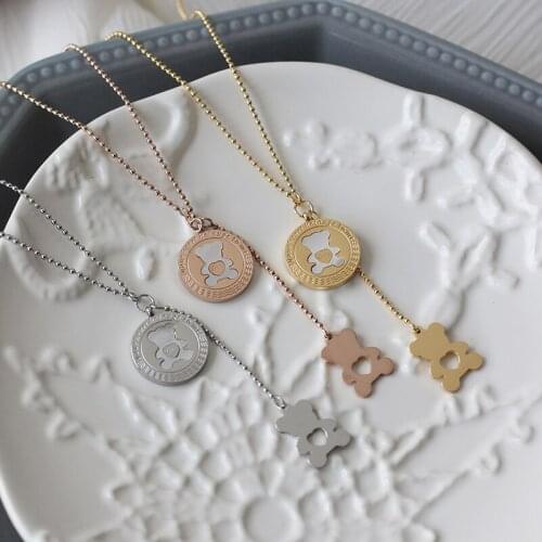 Fashion White Shell Cute Bear Coin Necklace Stainless Steel Bear Pendant Necklaces For Girls Women Party Jewelry Accessories