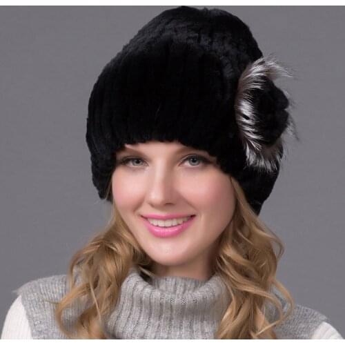 Fashionable Womens Autumn Winter Fur Hooded Cap Real Rex Rabbit Fur Hat with Top Fur Flower Female Knit Cap 2018 Hot THY-33