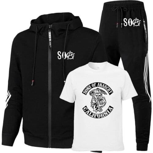 2021NEW Mens Zip Jacket SOA Sons of anarchy Skull Printing Spring Autumn Cotton Mens jacket+sweater+pants three-piece suit