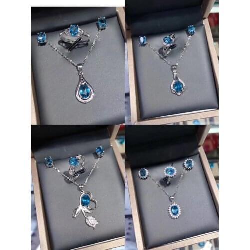 Best Selling 925 Sterling Silver Natural London Blue Topaz Set Ring Earring Pendant Necklace/Natural Blue Topaz Set/Natural Gems