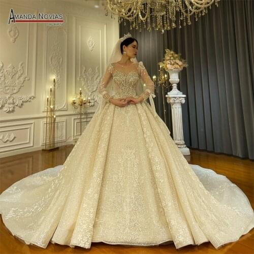 Real Work Amanda Novias Beading Sleeves Wedding Gown With Long Train
