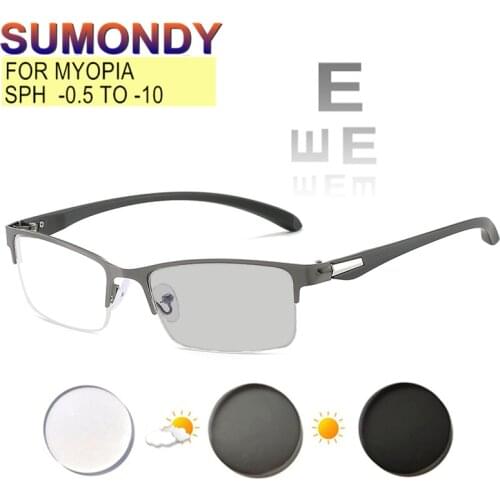 Prescription Glasses For Myopia -0.5 to -10 Women Men Half Frame Nearsighted Spectacles Blue Light Blocking Photochromic UF87