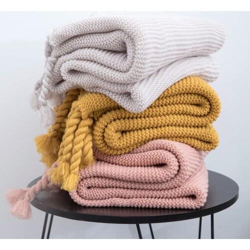 Plain Blanket Sofa Knit Throw Blanket Ivory Pink Solid Soft Tassels Plaid Travel 130x160cm Home Sofa Chair Couch Bed 50"x62"