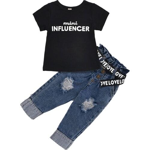 Oyolan 2021 Summer Toddler Girls Clothes Set Baby Denim Outfits 2Pcs/Set Letter Top Shirt+Ripped Jean Pants Kids Casual Clothing