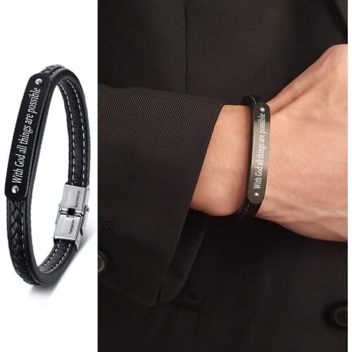 Personalized Mens Bracelet Custom Leather Bracelet With God All Things Are Possible Men Birthday Gift For Him