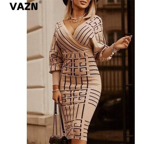VAZN 2020 Hot High-end Knit Dress Vintage Sexy Mature Deep V-Neck Full Sleeve Women High Waist Thin Pencil Midi Dress