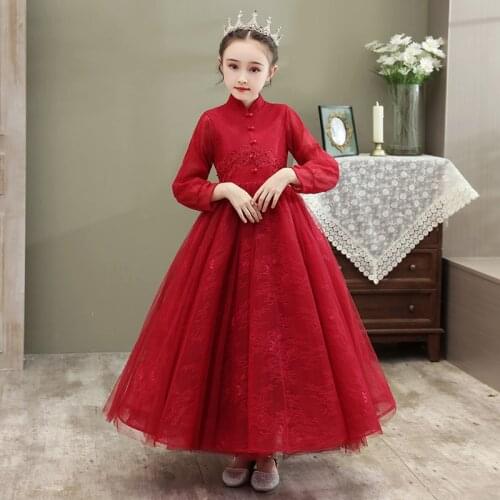 Flower Girl Dresses Illusion Embroidery Beading Princess Full Luxury Burgundy Floor-Length Tulle Lace High Kids Party Gown H216
