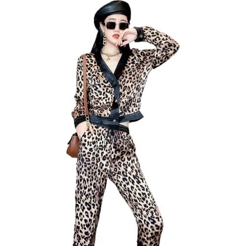 Casual Womens Short Jacket All-match Pants 2021 Spring New Fashion Leopard Print Two-piece Set