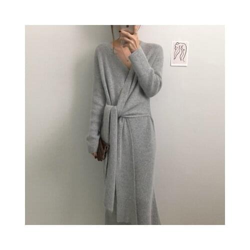 Korean Version Of The Belt Sweater WomenS Clothing Fashion Long Sleeve WomenS V-Neck Knit Dress Warm Autumn Thick Dresses 2020