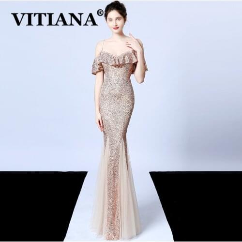 VITIANA Women Sexy Party Long Dress Summer 2020 Female Sleeveless Backless Trumpet Sequined Dresses Femme Elegant Night Vestidos