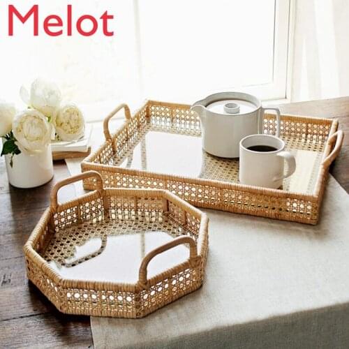 High-End Hand-Woven Storage Basket Rattan Desktop Storage Box Household Minimalist Tray Tea Tray Cup Storage Tray