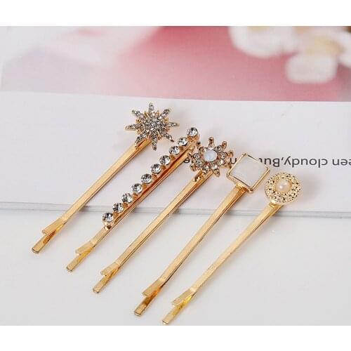 5pcs/lot Fashion Women Girls Rhinestone Hair Clip Flower Pentagram Geometric Hairpins Gold Silver Plated Vintage Metal Hairgrips