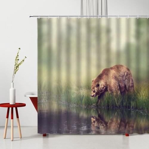 Animal Bathroom Shower Curtain Bear Drinking Water By The River ,Bathroom Accessories Shower Bath Products Polyester Fabric