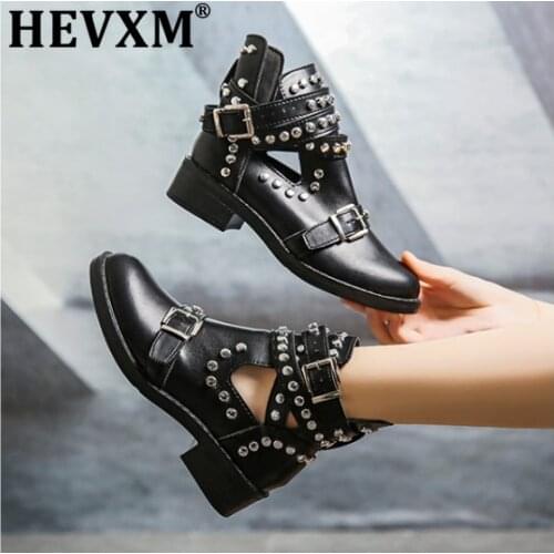 2020 New PU Leather Hollow Out Rivet Short Martin Boots for Women Thick Heels Pumps net red Ladies Retro Mesh sandals