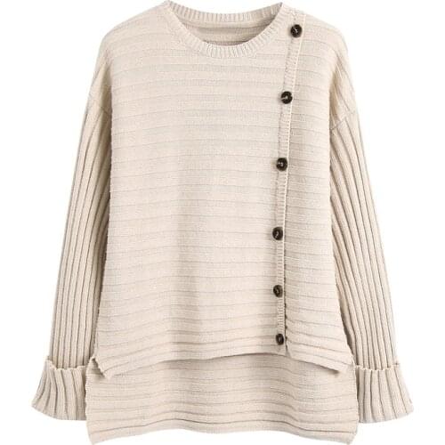 2021 Autumn Za Women Asymmetry Fashion Buttons Knitted Sweater Vintage O Neck long sleeves rib knit Female Pullovers Chic Tops