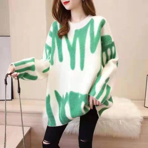 Elegant Green Striped Print Oversized Pullover Women Winter O-neck Loose Long Sweater Casual Streetwear Warm Outwear Female