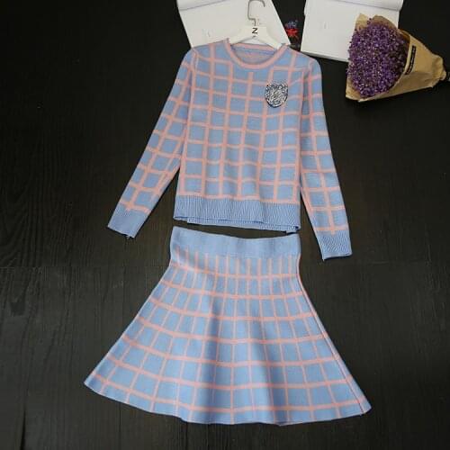 New Knit Long-sleeve Sweater Skirt Suits Women Sweet Beads Collar Knit Crochet grid Crop Top A-line Skirt Womens 2pcs Set