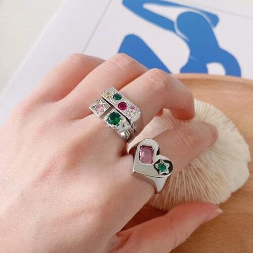New Trendy Colorful Zircon Love Heart Geometric Round Gold Silver Color Metal Opening Ring for Women Simple Finger Ring Jewelry