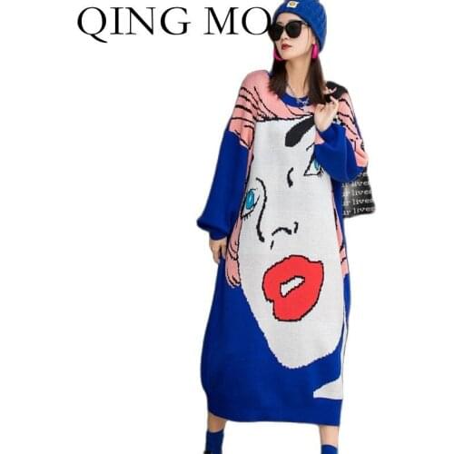 QING MO 2021 Autumn Winter Fashion New Pullover Sweater Dress Loose Large Size Contrast Color Knitted Sweater Women ZWL469