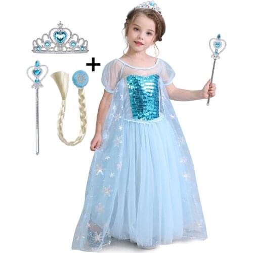2021 New Princess Dress Up Girls Birthday Party Dress with Crown Sequined Snowflake Kids Prom Gown Dress for Girls Cosplay Robe