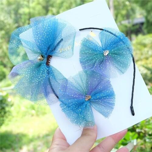 Girls Shiny Bows Hairbands Kids Hair Accessories Color Yarn Hair Clip Barrettes Princess Headwear Suit Student Hair Hoop Fashion