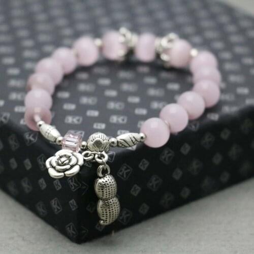 Retro Ethnic style Pink Crystal Lucky Cat eye Opal stones Bracelet hand chain for women girls Ladies beads Silvercolor Pendant