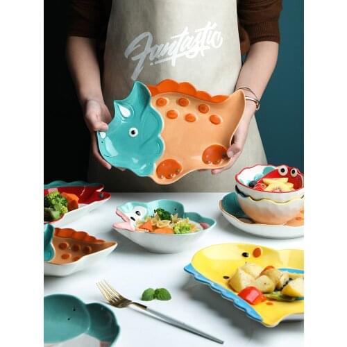 Children Dinosaur Ceramic Flat Plate Tableware Cartoon Animal Bowl Underglaze Color Nordic Home Breakfast Tableware