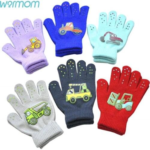 Warmom Kids Knitted Gloves Baby Girls Baby Boys Winter Warm Gloves for 5-10Y Printing Engineering Vehicle Pattern Gloves Mittens