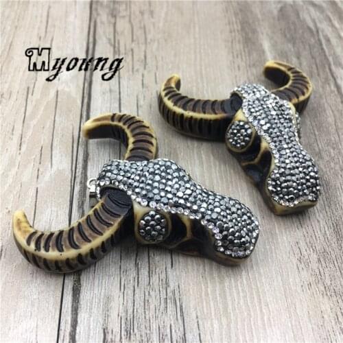 Brown Tribal Buffalo Horn Pendant with Gunblack Toned Rhinestone paved,Bull Skull Charm MY1770
