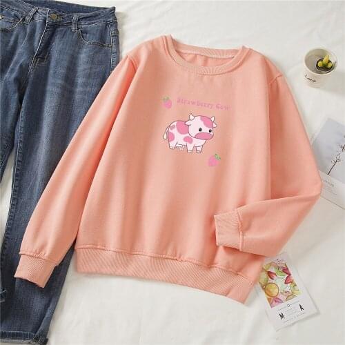 Kawaii Hoodie Strawberry Cow Hoodie Cute Sweatshirt No Hood Kawaii Cute Plus Size Sweatshirts Cartoon Graphic Crew Neck Tops