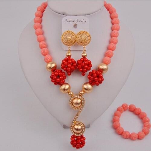 Fashion Pink and Red Coral Necklace Nigerian Wedding Coral Beads African Jewelry Set 12-I-03