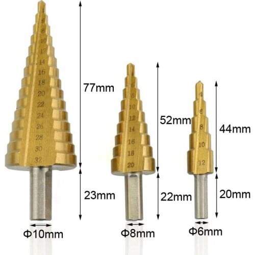 3Pcs Metric Straight Flute The Pagoda Shape Hole Cutter 4-12/20/32mm HSS Steel Cone Drill Bit Set HSS Steel Step Sharpening