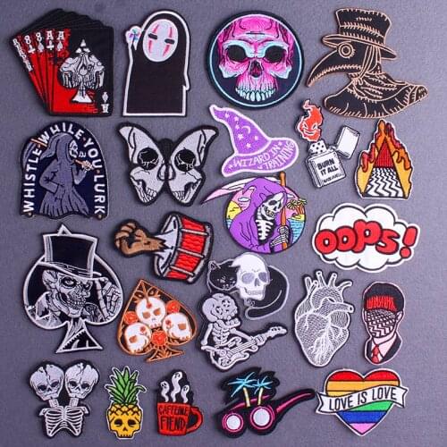 Punk Skull Patches On Clothes Hippie Applique Embroidered Patches For Clothes Stickers Stripes DIY Skull Rock Patch Jacket Decor