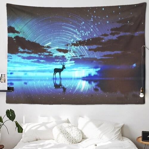 Galaxy Aurora Tapestry Wall Hanging Forest Tree Landscape Hippie Psychedelic Tapiz Starry Sky Dorm Home Decor Deer Wall Carpet