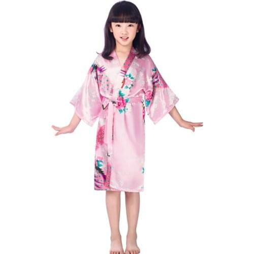 2-14Y Girls kimono robes bridesmaid peacock robe+belt summer flower girls gown silk bathrobes fashion kids sleepwear wholesale