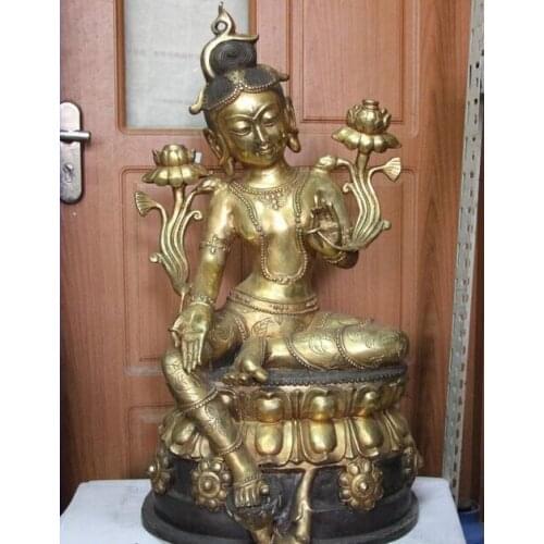 Song voge gem S1202 Tibet Buddhism Fane Copper Bronze Kwan-yin Guanyin Green Tara Bodhisattva Statue