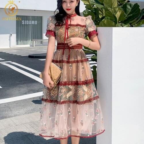 SMTHMA 2021New Fashion Runway Gorgeous Summer Dress Robe Women Short Sleeve Luxury Lace Mesh Embroidery Vintage Dress