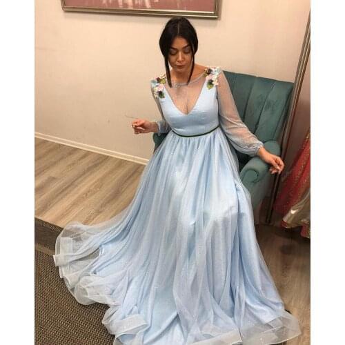 Light Blue Glitter Flowers Long Sleeve Prom Dress 2021 Sheer Neckline A Line Evening Formal Party Gowns robes de soirée