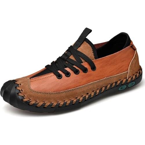 Men Big Size Shoes Leather Hand Stitching Handmade Walking Fashion Comfort Soft Flats Casual Shoes