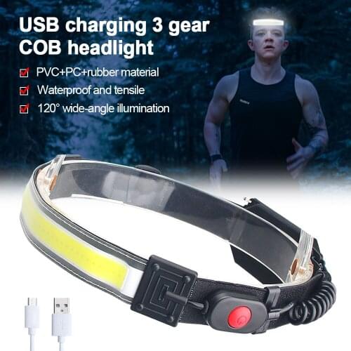 Waterproof USB COB Headlamp 3 Modes Floodlight 1200mAh Rechargeable Head Lamp Torch for Outdoor Camping Hunting Fishing