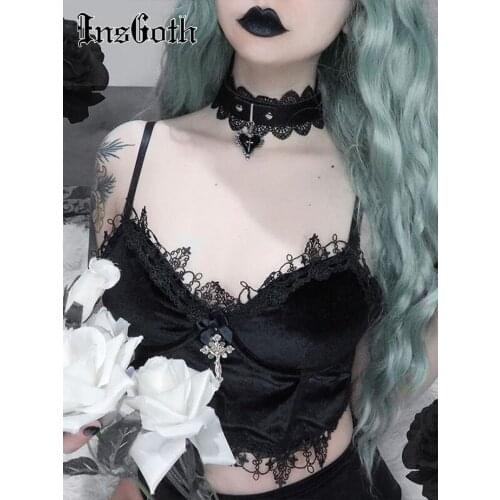 InsGoth Mall Goth Cross Black Camis Vintage Aesthetic Lace Patchwork Velvet Camisole Grunge Spaghetti Straps V Neck Cropped Tops