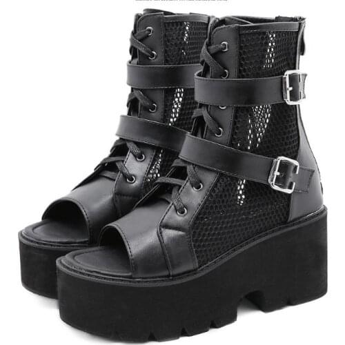 Fishs Mouth Open Toe Platform Heel Women Boots Summer Shoes 2021 Black Chunky Heel Boots Women Autumn Breathable High Quality